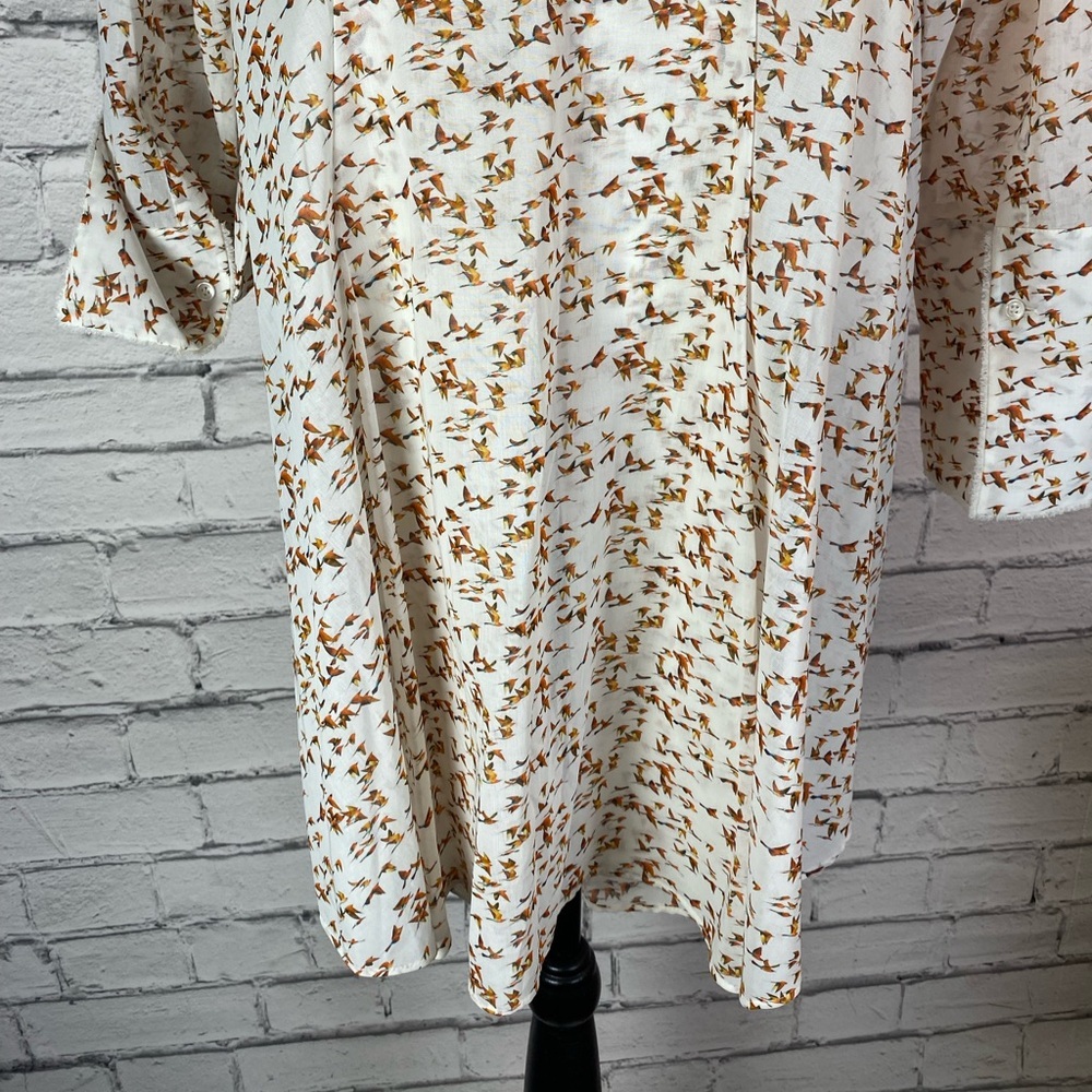 Akris Bohemian Bird Geometric Print Tunic Button Down Shirt Bell Sleeves Size 14 - Picture 10 of 16